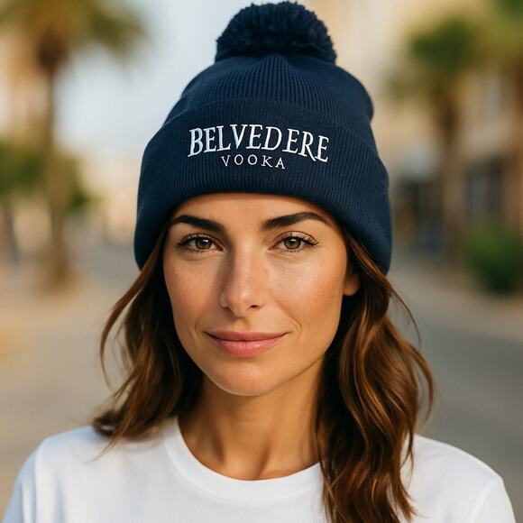 Belvedere Vodka Knit Beanie Hat Cap Pom Cuff Spirit Ski Snowboard OS Navy Blue - Picture 1 of 11